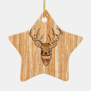 Ornement Étoile En Céramique Style White Tail Deer Head Light Wood Grain Déco