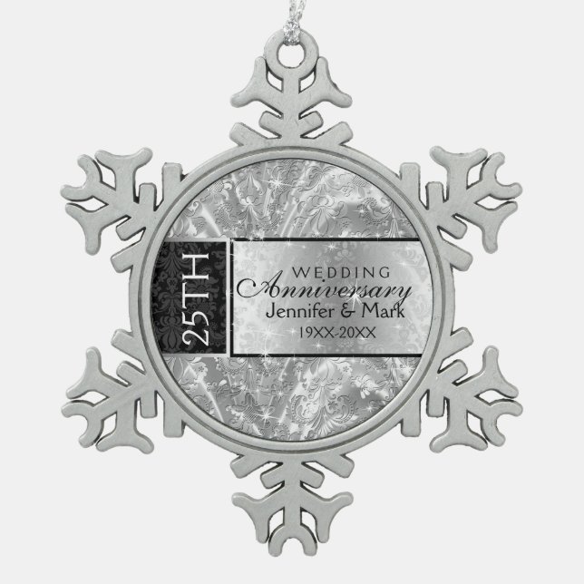Ornement Flocon De Neige 25 Anniversaire Mariage Argent brillant et noir (Devant)