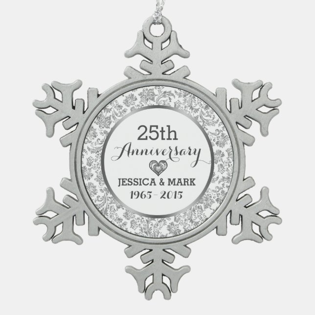 Ornement Flocon De Neige 25e anniversaire du Mariage blanc et argent (Devant)
