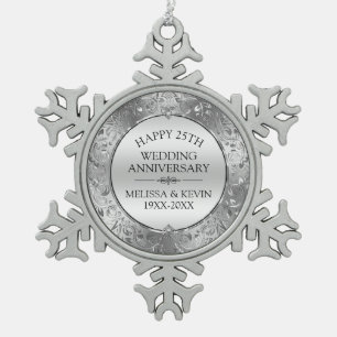 Ornement Flocon De Neige 25e anniversaire du mariage Cadre floral argenté