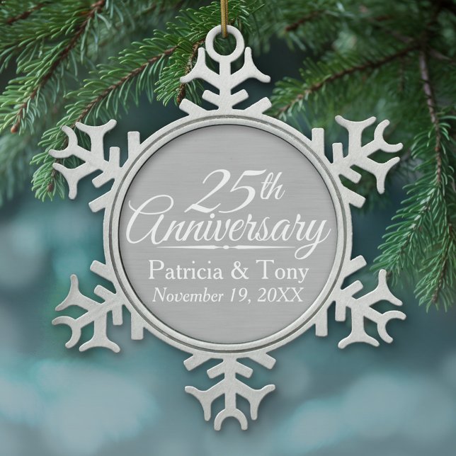 Ornement Flocon De Neige 25e anniversaire du Mariage Personnalisé (Personalized Pewter Christmas Ornament - 25th Wedding Anniversary)