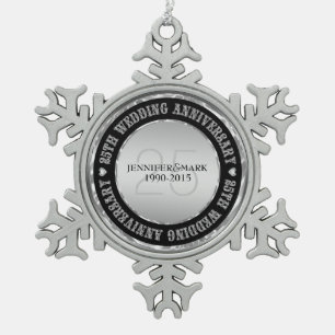 Ornement Flocon De Neige 25E Anniversaire Mariage Métallique Argent Et Noir