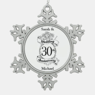 Ornement Flocon De Neige 30e anniversaire de Mariage Fleurs Rose Romantique