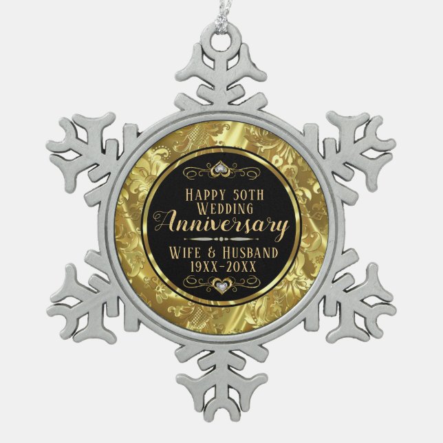 Ornement Flocon De Neige 50e anniversaire du Mariage Noir & Or (Devant)