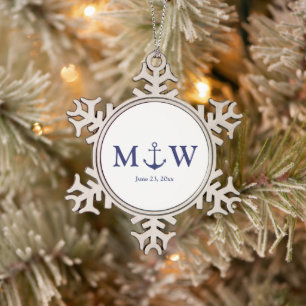 Ornement Flocon De Neige ancre nautique mariage marine bleu blanc monogramm