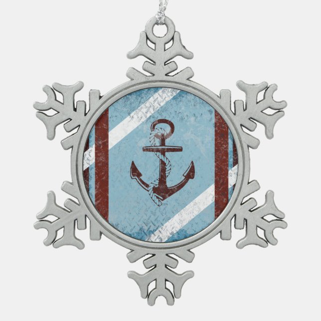Ornement Flocon De Neige Ancre Nautique Rétro Rouge Bleu Grunge Distressed (Devant)