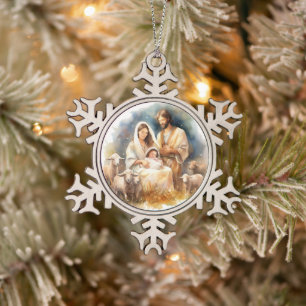 Ornement Flocon De Neige Aquarelle Bébé Jésus Christ avec Marie et Joseph