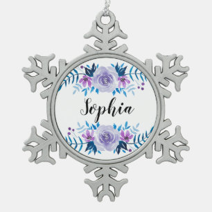Ornement Flocon De Neige Aquarelle bleu violet couronne florale Texte perso
