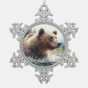 Ornement Flocon De Neige Aquarelle Grizzli Ours Faune Nature Art