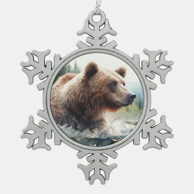 Ornement Flocon De Neige Aquarelle Grizzli Ours Faune Nature Art (Devant)
