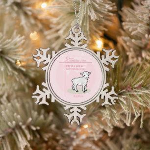 Ornement Flocon De Neige Arrière-petite-fille Baptême Rose Fille Agneau