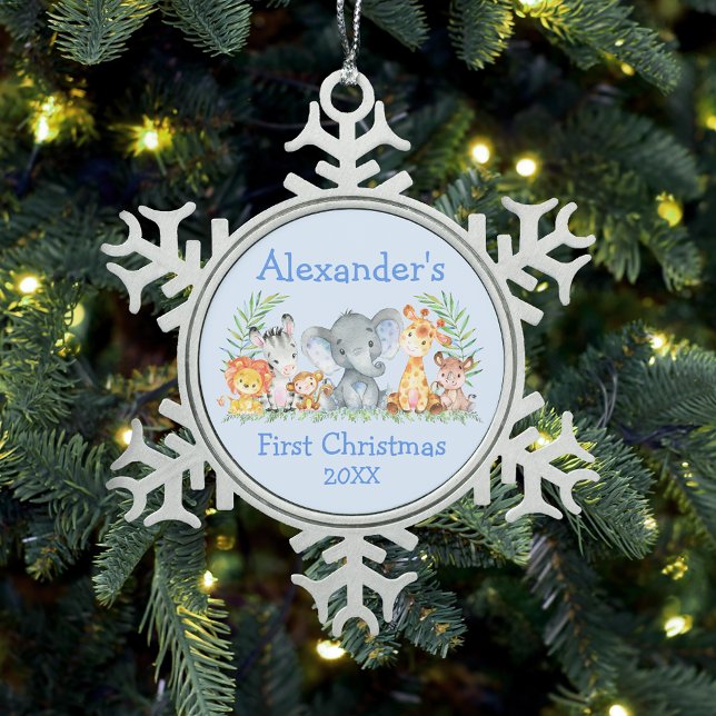 Ornement Flocon De Neige Baby First Christmas Safari Animaux Bleu (Customize with name and year.)