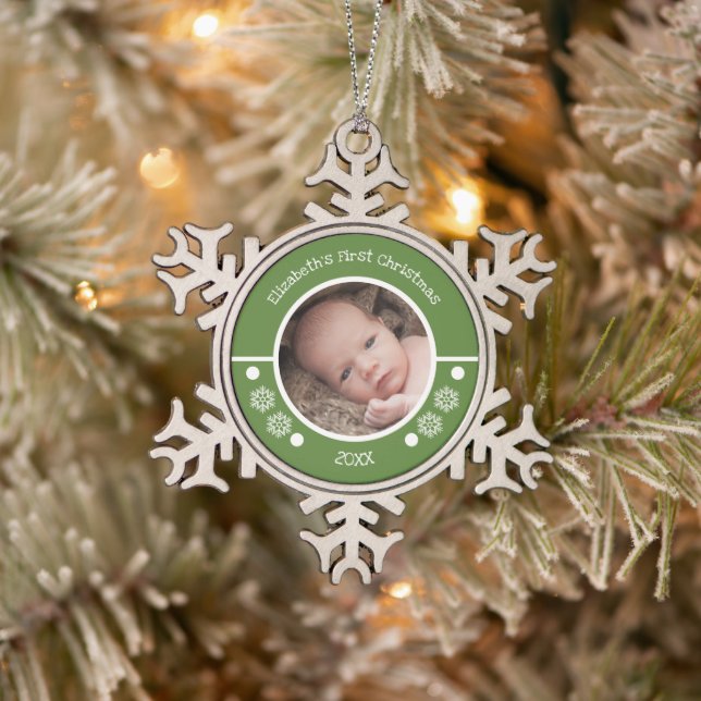 Ornement Flocon De Neige Baby First photo année points vert blanc (Arbre)