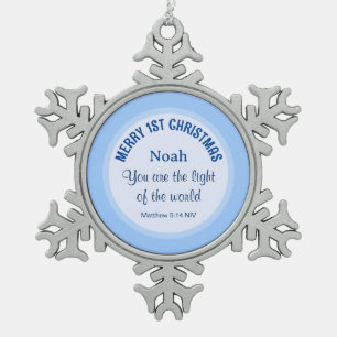 Ornement Flocon De Neige Bébé Bleu 1er Noël Bible chrétienne Nom du couplet