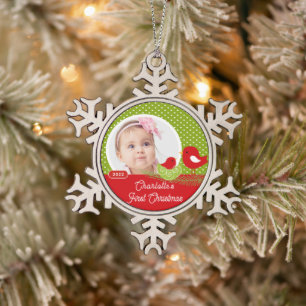 Ornement Flocon De Neige Bébé Oiseau Première photo de Noël du bébé