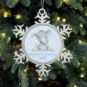 Ornement Flocon De Neige Bébé première aquarelle de Noël Elephant bleu