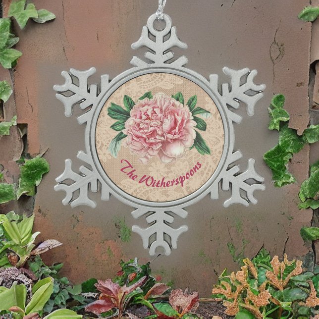 Ornement Flocon De Neige Belle pivoine rose sur dentelle rose Faux (Créateur téléchargé)