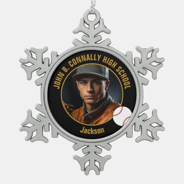 Ornement Flocon De Neige Black Gold Baseball Player Photo High School (Devant)