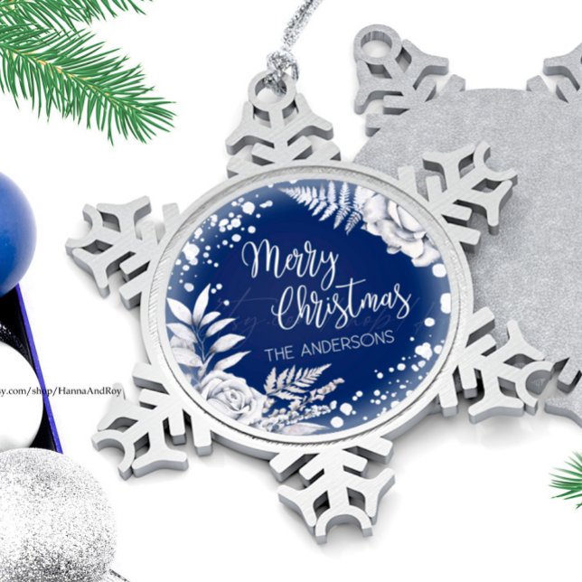 Ornement Flocon De Neige Bleu Joyeux Noël blanc fleurs de glace (Créateur téléchargé)