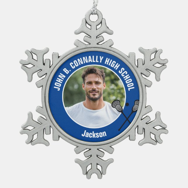 Ornement Flocon De Neige Blue Lacrosse Player Photo High School Spirit (Devant)