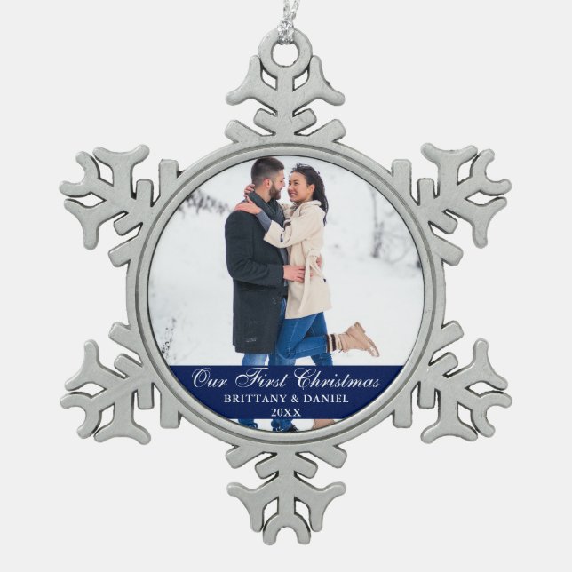 Ornement Flocon De Neige Blue Our First Christmas Couple Photo (Devant)