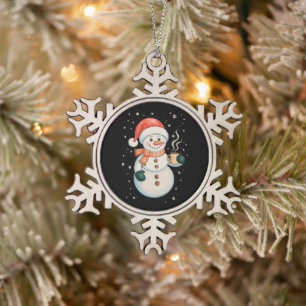 Ornement Flocon De Neige Bonhomme de neige Café chaud Chapeau de Père Noël 