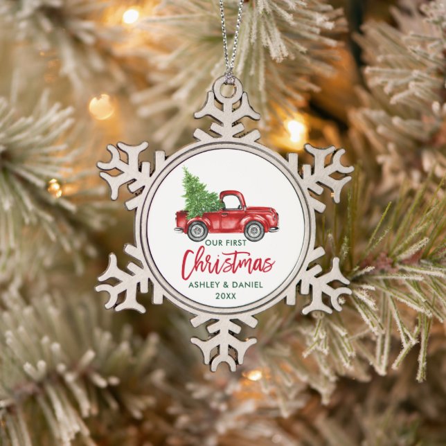 Ornement Flocon De Neige Brosse Script Camion rouge Premier Noël (Arbre)