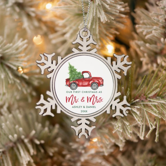 Ornement Flocon De Neige Brosse Script First Christmas Red Truck (Arbre)