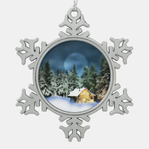 Ornement Flocon De Neige Cabane en rondins rustique pleine lune