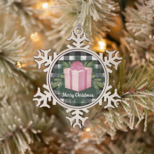 Ornement Flocon De Neige Cadeau de Noël Plaid Buffalo Rose