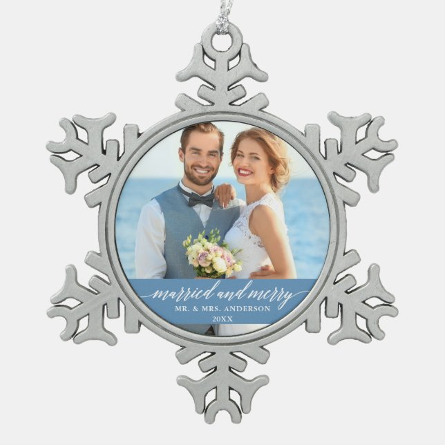 Ornement Flocon De Neige Calligraphie Mariage mariée et joyeuse Bleu clair (Devant)