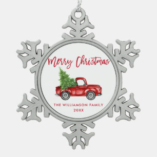 Ornement Flocon De Neige Camion rouge de cru d'aquarelle de manuscrit de