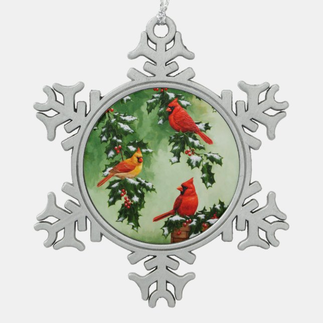 Ornement Flocon De Neige Cardinaux rouges du Nord et Holly (Devant)