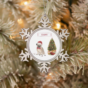 Ornement Flocon De Neige Carlin drôle Chien de Noël avec arbre