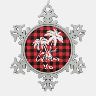 Ornement Flocon De Neige Carlsbad California Beach Palm Tree Red Plaid
