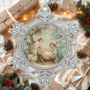 Ornement Flocon De Neige Carte de Noël avec bébé Jésus dans une mangeoire e