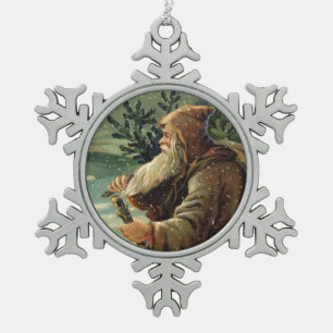 Ornement Flocon De Neige =Carte de Noël vintage, Père Noël et arbre