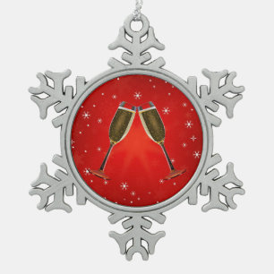 Ornement Flocon De Neige Champagne Glasses Célébration Gold sur Red