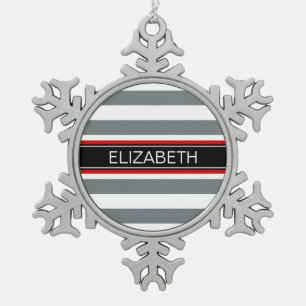 Ornement Flocon De Neige Charcoal Wt Horz Preppy Stripe Black Name Monogram
