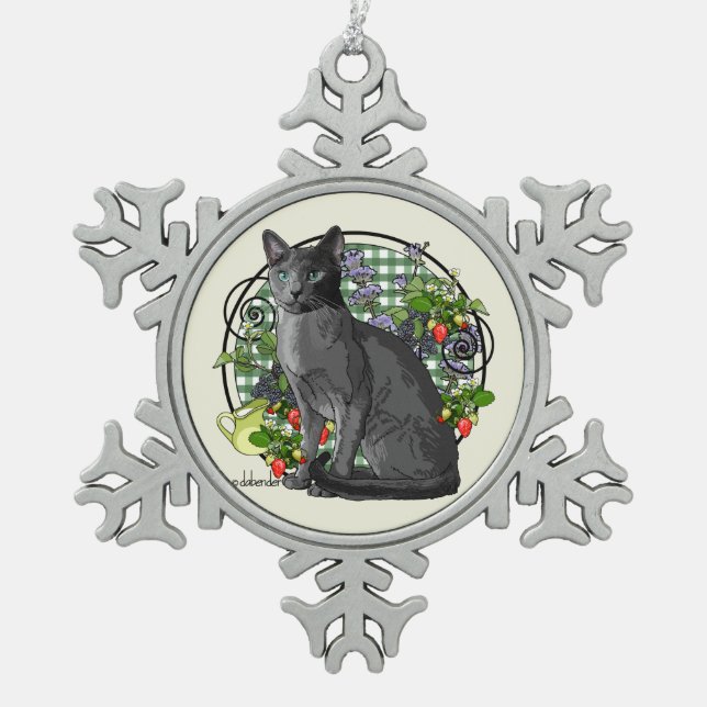 Ornement Flocon De Neige Chat bleu russe avec des baies (Devant)