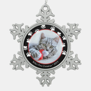 Ornement Flocon De Neige Chat domestique empreintes noires et rouges de pat