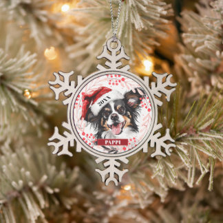 Ornement Flocon De Neige Chien Papillon avec un chapeau de Père Noël Orneme