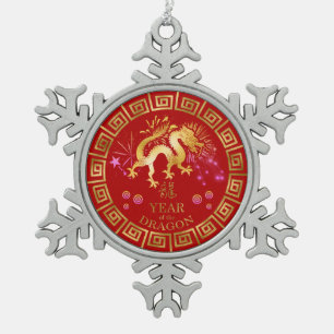 Ornement Flocon De Neige Chinois Zodiac Dragon Rouge/Or ID542