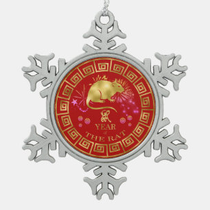 Ornement Flocon De Neige Chinois Zodiac Rat Rouge/Or ID542