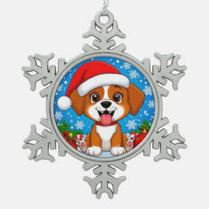 Ornement Flocon De Neige Chiot adorable avec un chapeau de Père Noël et des