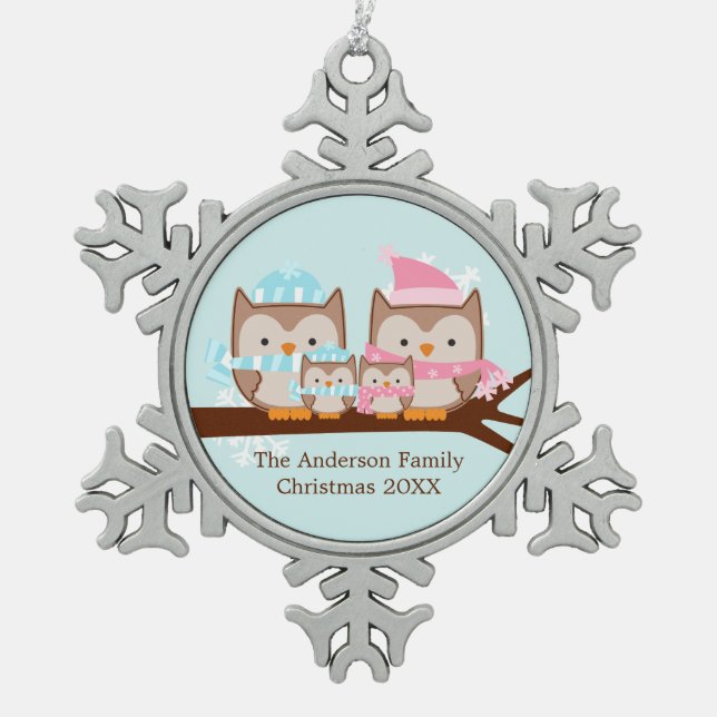 Ornement Flocon De Neige Chouette d'hiver famille de quatre (Devant)