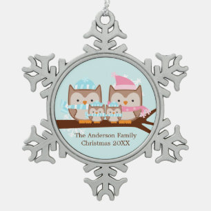 Ornement Flocon De Neige Chouette d'hiver famille de quatre