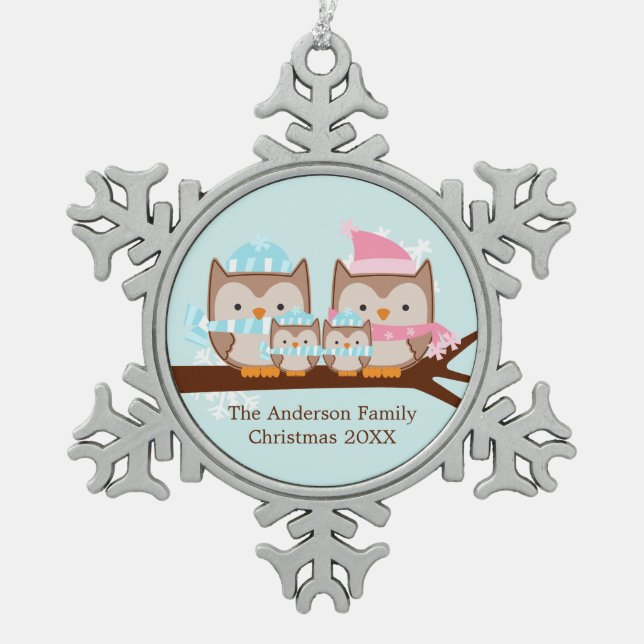 Ornement Flocon De Neige Chouette d'hiver famille de quatre (Devant)