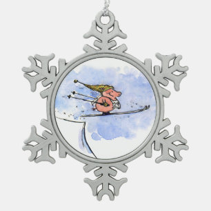 Ornement Flocon De Neige Cochon de saut à ski en plein vol   Art animalier 