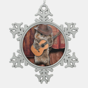 Ornement Flocon De Neige Cowboy de Western Cat avec guitare